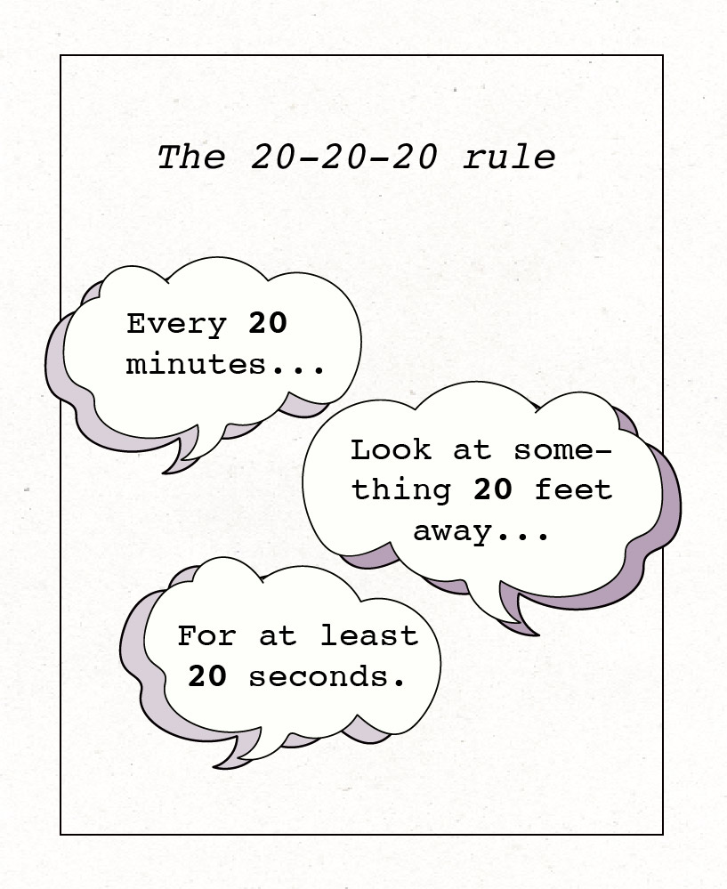 Three text bubbles, with each saying, Look at something 20 feet away... For at least 20 seconds... Every 20 minutes..., respectively.